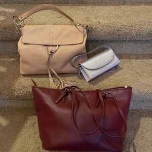 3 beautiful bags: cranberry tote, honey tan leather, and silver dress/evening